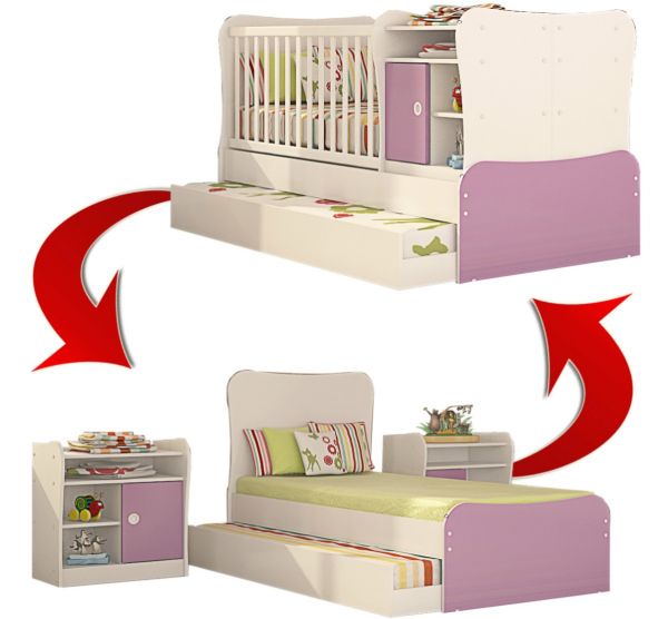 Berço Que Vira Cama C/ Cama Auxiliar C/ 02 Criados Infantil